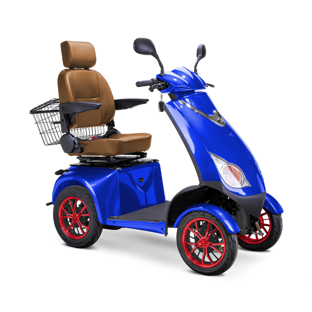 The Bespoke Platinum Recreational 4-Wheel Scooter with Electric Brake Assist features a blue frame, red-rimmed wheels, cushioned brown seat with armrests and backrest, rear black wire basket, and a high-performance motor for smooth mobility.